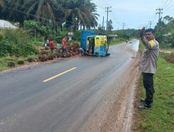 Truk Bermuatan 7 Ton Sawit Terguling Usai Hindari Emak-Emak Keluar Gang
