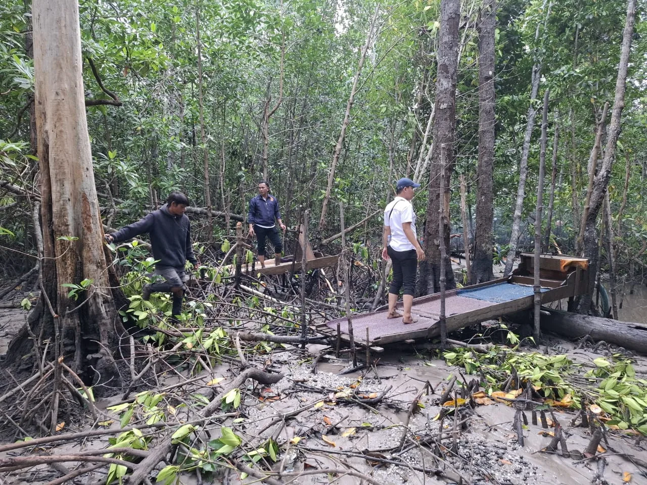 Personel Polsek Lepar Pongok saat menertibkan kegiatan penambangan timah di Hutan Mangrove Desa Kumbung