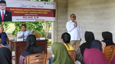 Wakil Ketua DPRD Provinsi Kepulauan Bangka Belitung, Beliadi melaksanakan kegiatan penyebarluasan Peraturan Daerah Nomor 3 Tahun 2024 tentang Penyelenggaraan Kesejahteraan Sosial di Desa Lilangan, Kecamatan Gantung, Kabupaten Belitung Timur, pada Sabtu (24/5).