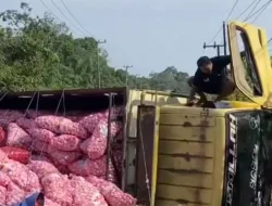 Pecah Ban, Truk Bermuatan 8 Ton Bawang Terguling, Jadi Perhatian Warga